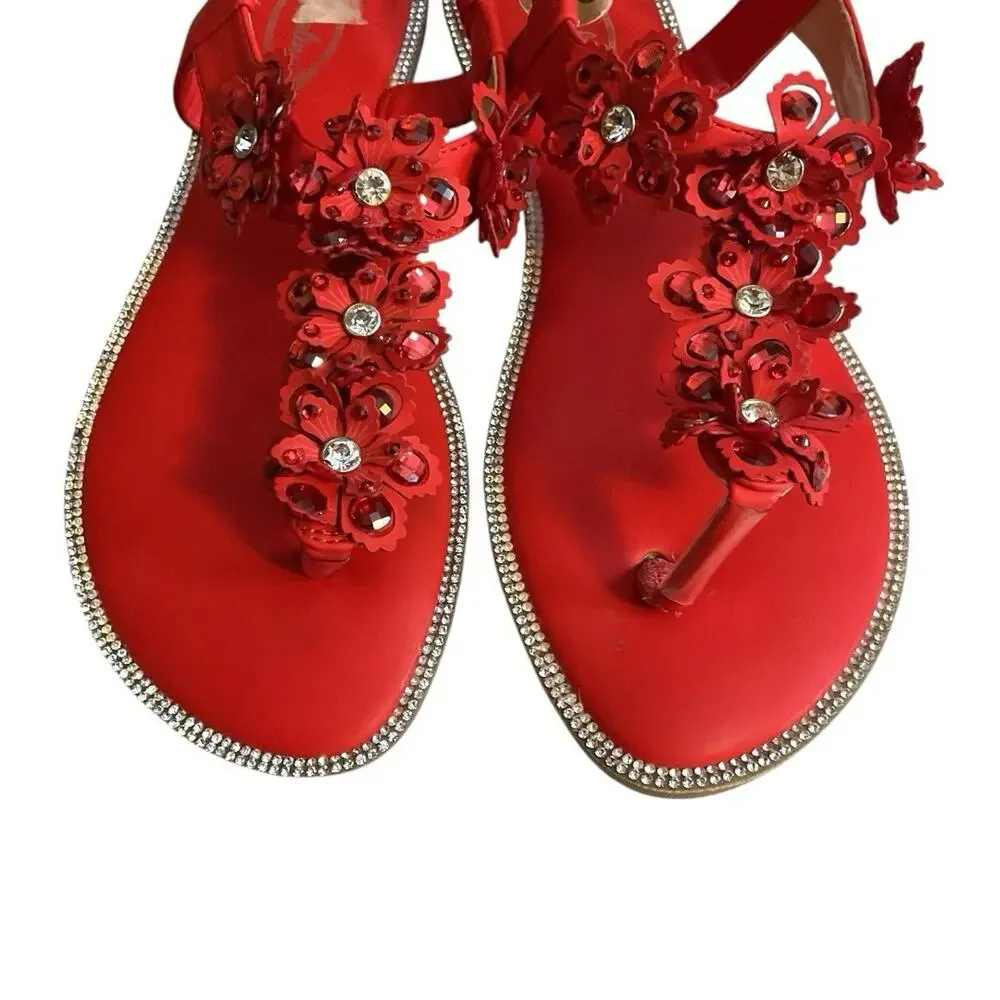Atalina Red Beaded Floral Thong Sandals Size 8W Wide - Picture 9 of 11